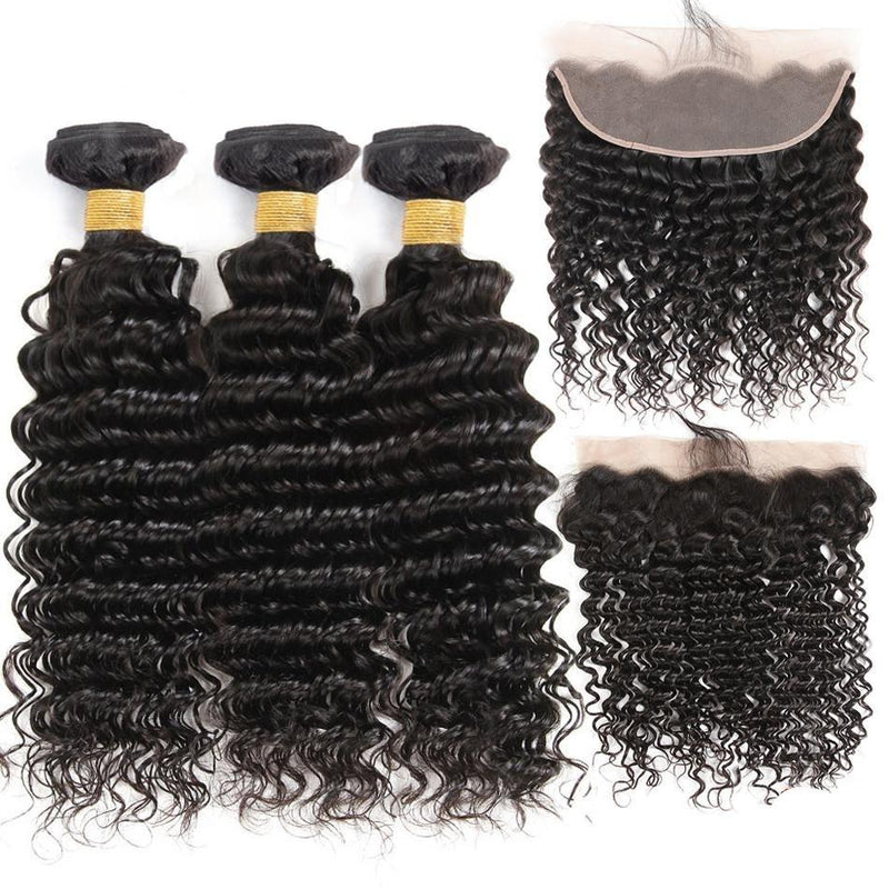 10A Grade 3/4 Deep Wave Human Hair bundles with 4x4 Closures & 13x4 Fr
