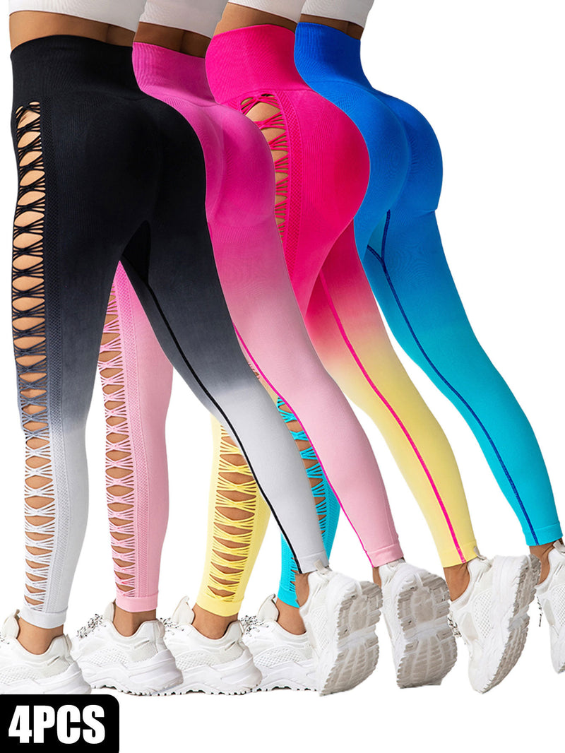 4 Pack Cut Out Ombre Gradient Color Hollow High-waist Butt-lifting Fitness Women's Yoga Pants, Women's High Waist Yoga Pants Cutout Ripped Super Soft And Comfortable Skinny Leggings