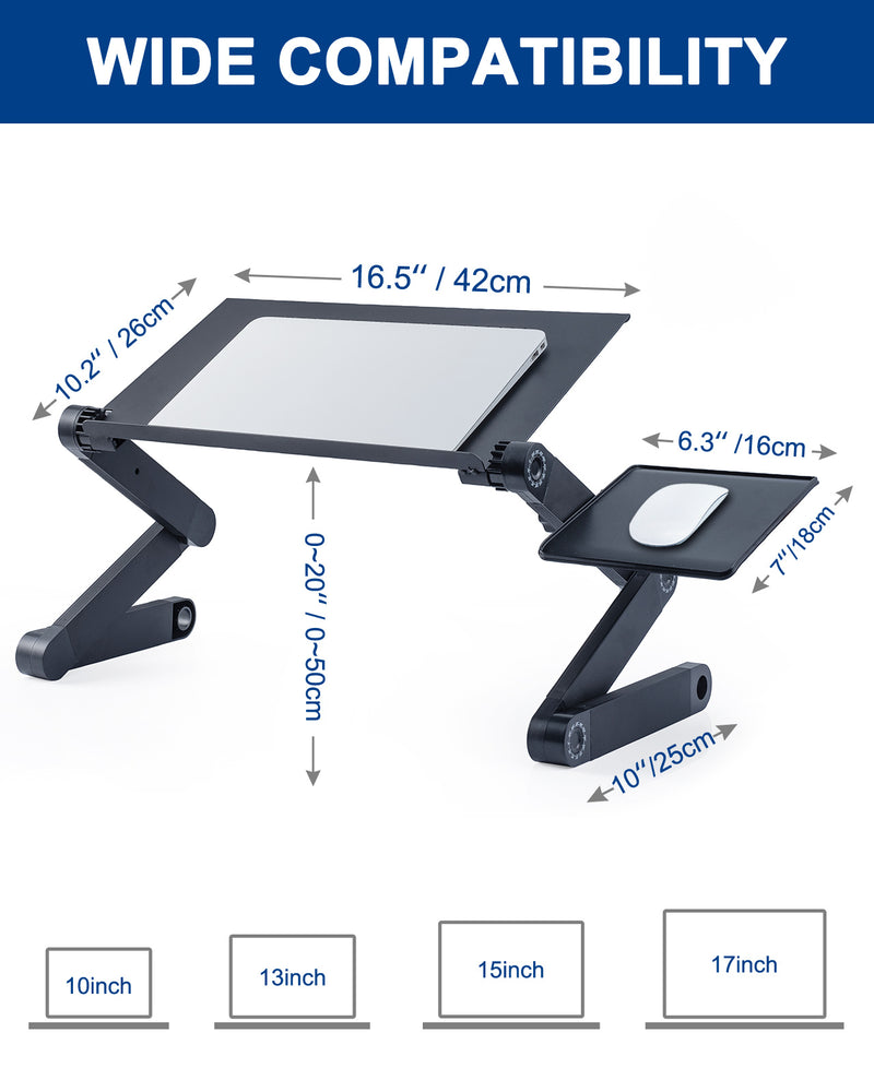 Adjustable Laptop Stand, Laptop Desk with 2 CPU Cooling USB Fans for Bed Aluminum Lap Workstation Desk with Mouse Pad, Foldable Cook Book Stand Notebook Holder Sofa