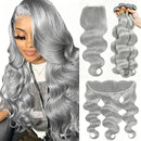 Silver Grey Body Wave Bundles Human Hair with Closure 4X4 13x4 HD Lace Frontal Brazilian Raw Double Weft Human Hair Extensions
