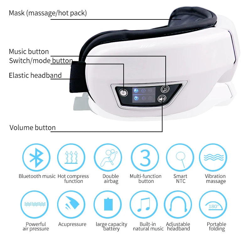 Eye Massage Instrument Vibration Airbag Pressure Hot Compress Eye Massager Bluetooth Music Relax Fatigue Eye Care Foldable