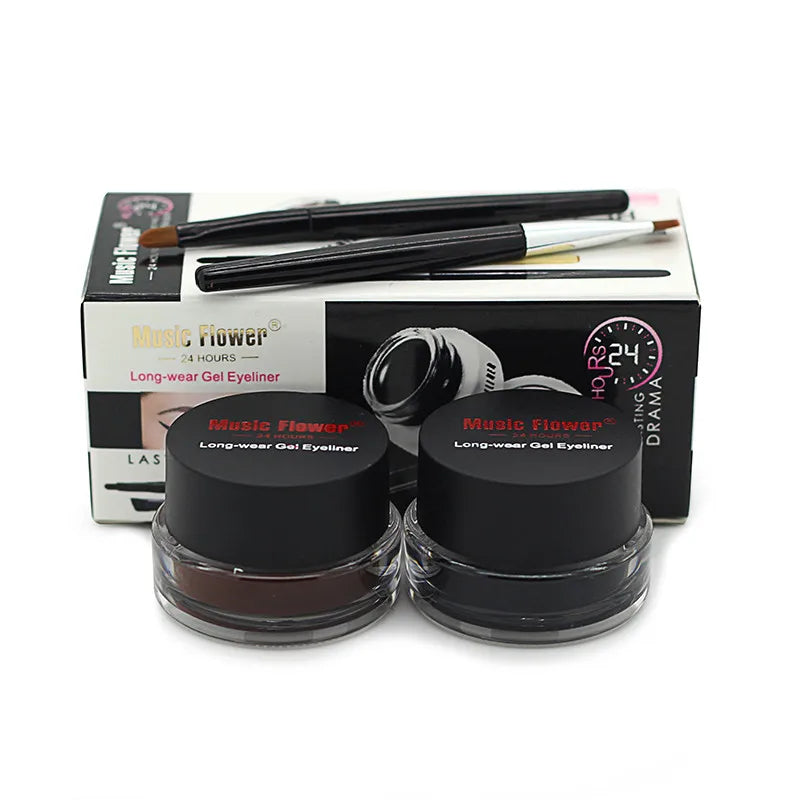 Music Flower 2 In 1 Brown + Black Eyeliner Gel Make Up Water-proof Eye Liner Kit Eye Makeup Tool With Brush 24H Long Lasting