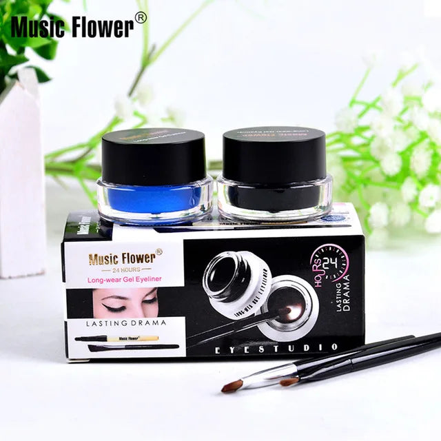 Music Flower 2 In 1 Brown + Black Eyeliner Gel Make Up Water-proof Eye Liner Kit Eye Makeup Tool With Brush 24H Long Lasting