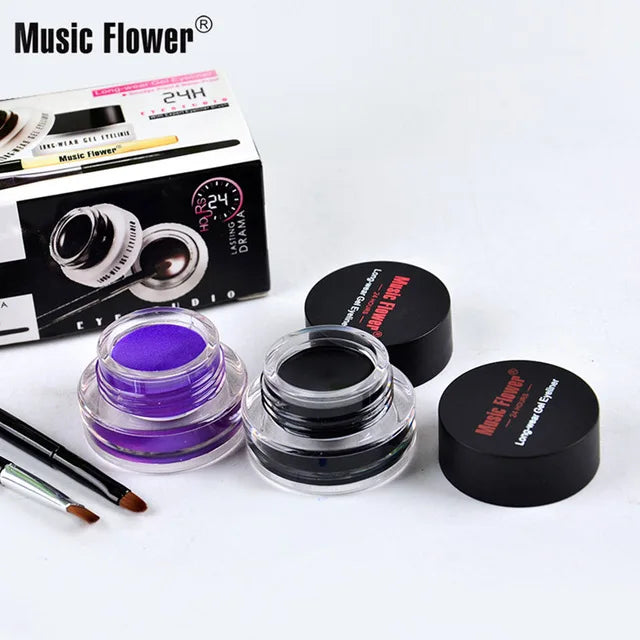 Music Flower 2 In 1 Brown + Black Eyeliner Gel Make Up Water-proof Eye Liner Kit Eye Makeup Tool With Brush 24H Long Lasting
