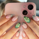 24pcs White Flower Fake Nail Tips Ins Yellow Pink Blush False Nails Wearable Full Cover European Almond Shaped Press on Nails