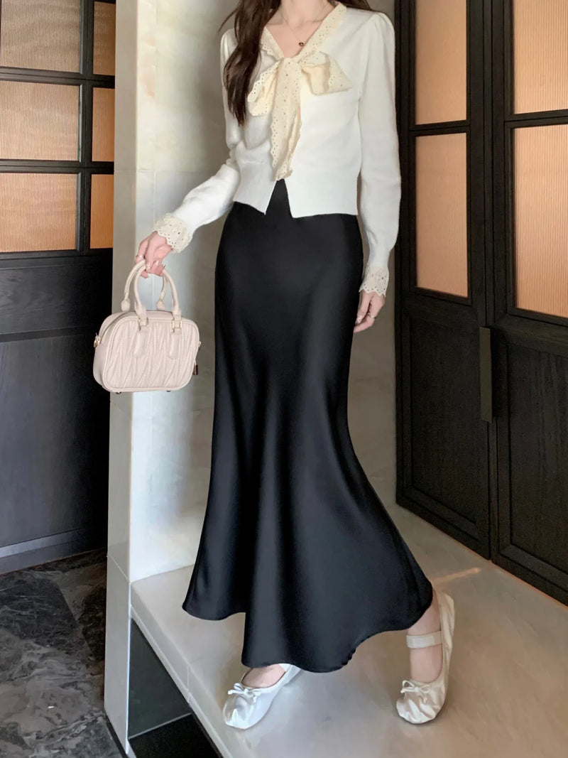 Women's Long Skirt Spring Summer Satin Silk A-line Skirt High Waist Ladies Korean Fashion Solid Pink Fishtail Skirts for Women