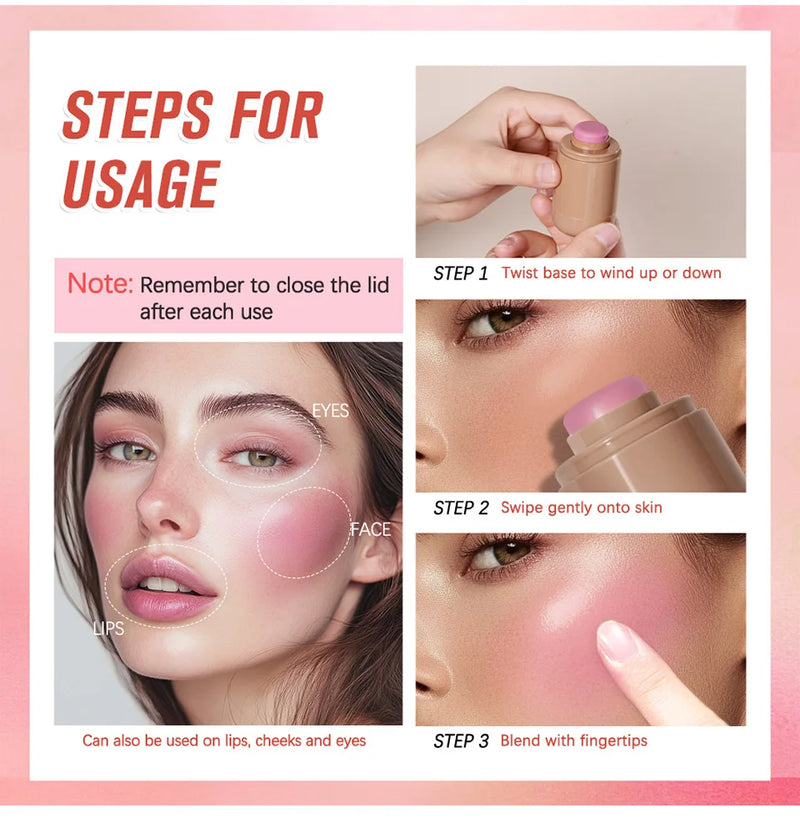 3-in-1Blush Stick Lasting Brightens Facial Cheek Stick Moisturizing Flash Lip Gloss Makeup Lip Gloss Face Rouge