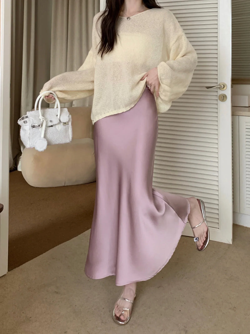 Women's Long Skirt Spring Summer Satin Silk A-line Skirt High Waist Ladies Korean Fashion Solid Pink Fishtail Skirts for Women