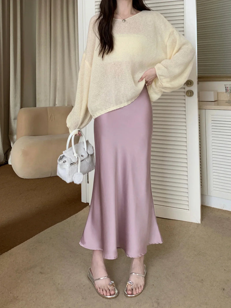 Women's Long Skirt Spring Summer Satin Silk A-line Skirt High Waist Ladies Korean Fashion Solid Pink Fishtail Skirts for Women