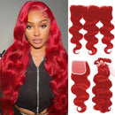 Hot Red Body Wave Bundles Human Hair With Closure 4X4 13X4 HD Transparent Swiss Lace Frontal Brazilian Remy Human Hair Extension
