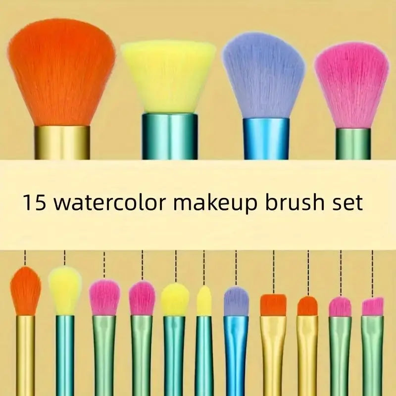 15 PCs Rainbow Color High Quality Makeup Brush Set - Perfect for Eyeshadow, Foundation, and Cosmetic Tools