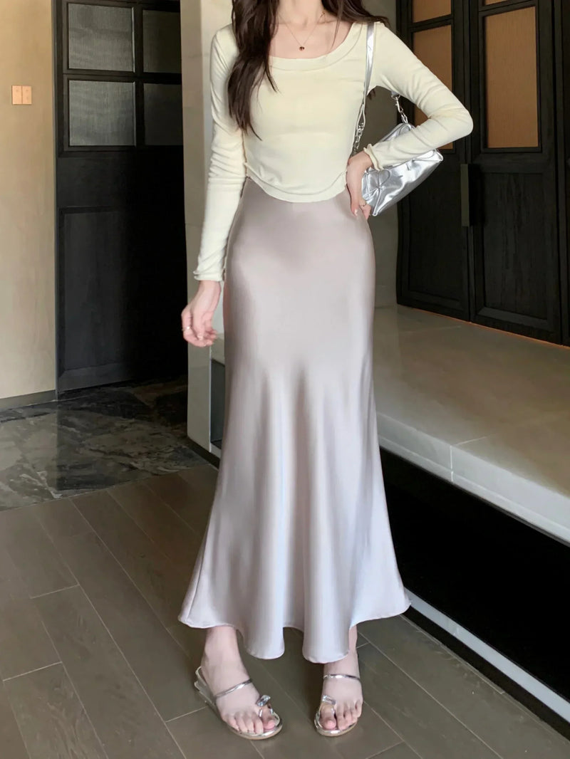 Women's Long Skirt Spring Summer Satin Silk A-line Skirt High Waist Ladies Korean Fashion Solid Pink Fishtail Skirts for Women