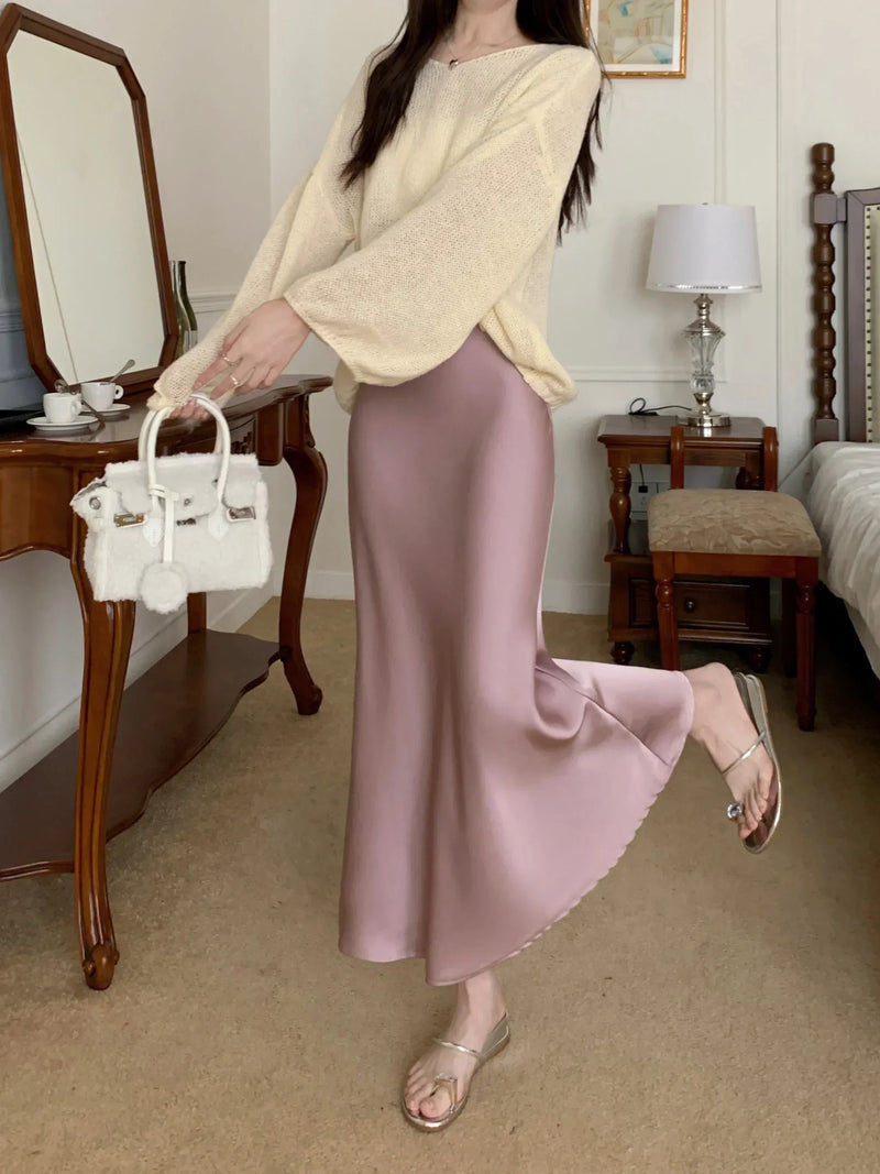 Women's Long Skirt Spring Summer Satin Silk A-line Skirt High Waist Ladies Korean Fashion Solid Pink Fishtail Skirts for Women