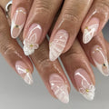24pcs White Flower Fake Nail Tips Ins Yellow Pink Blush False Nails Wearable Full Cover European Almond Shaped Press on Nails