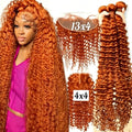#350 Ginger Color Deep Wave Human Hair Bundles with Closure And Frontal 20A Brazilian Virgin 3/4 Bundles with 4x4 Lace Closure