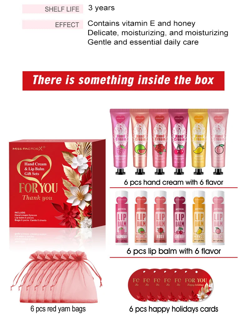 24PCS/box lip balm in bulk, hand cream in bulk thank you card and red gauze bag, wedding gift to guests, Christmas and New Year