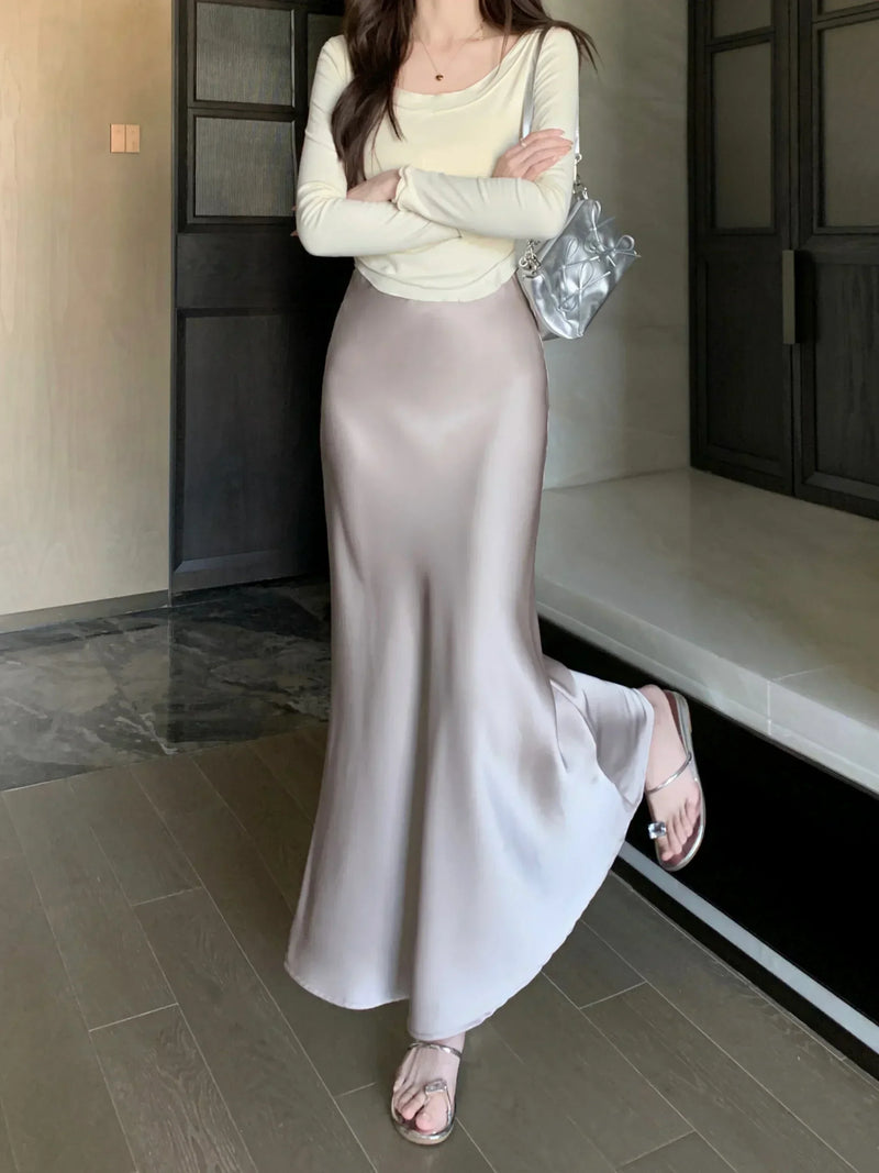 Women's Long Skirt Spring Summer Satin Silk A-line Skirt High Waist Ladies Korean Fashion Solid Pink Fishtail Skirts for Women