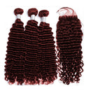 #99J Deep Wave Bundles With Closure Brazilian Raw Hair Colored 99J Burg Human Hair 3/4 Bundles With Closure And Frontal Raw Hair
