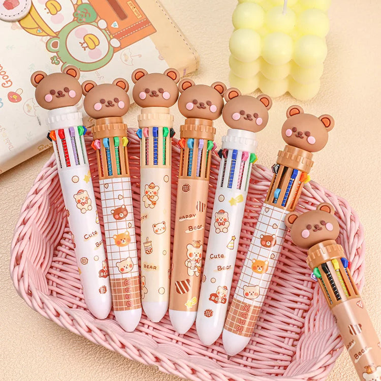 10 Colors Ballpoint Pen Cartoon Bear 0.5mm Colorful Ink Gel Pens Silicone Kawaii Pens School Office Supplies Korean Stationery