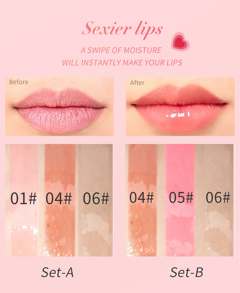 Crystal Jelly Moisturizing Lip Oil Set Lip Gloss Makeup Sexy Plump Lip Glow Oil Tinted Lip Plumper Set