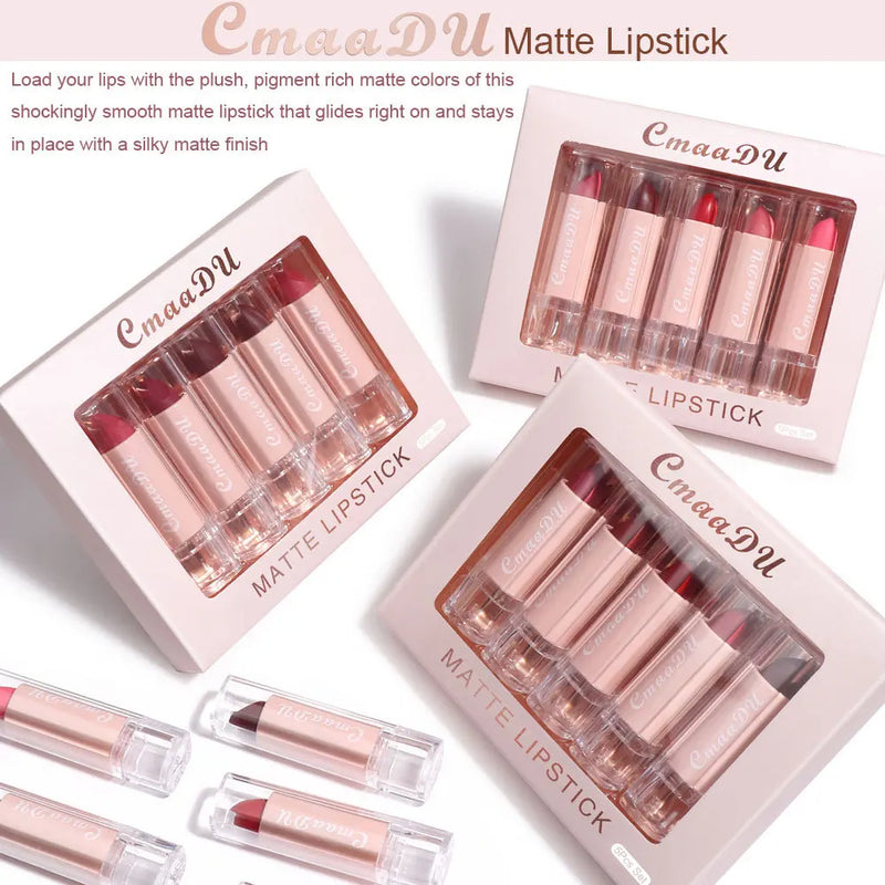 CmaaDu 5pcs Lipstick Set Lip Gloss Matte velvet Moisturizing, hydrating, comfortable, silky, easy to color, full of color