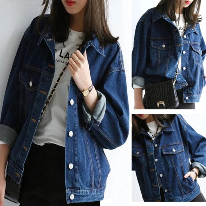 Autumn Korean Denim Coat for Women Loose BF Style Short Coats Style Casual Turndown Collar Cotton Blue Jean Jacket for Women