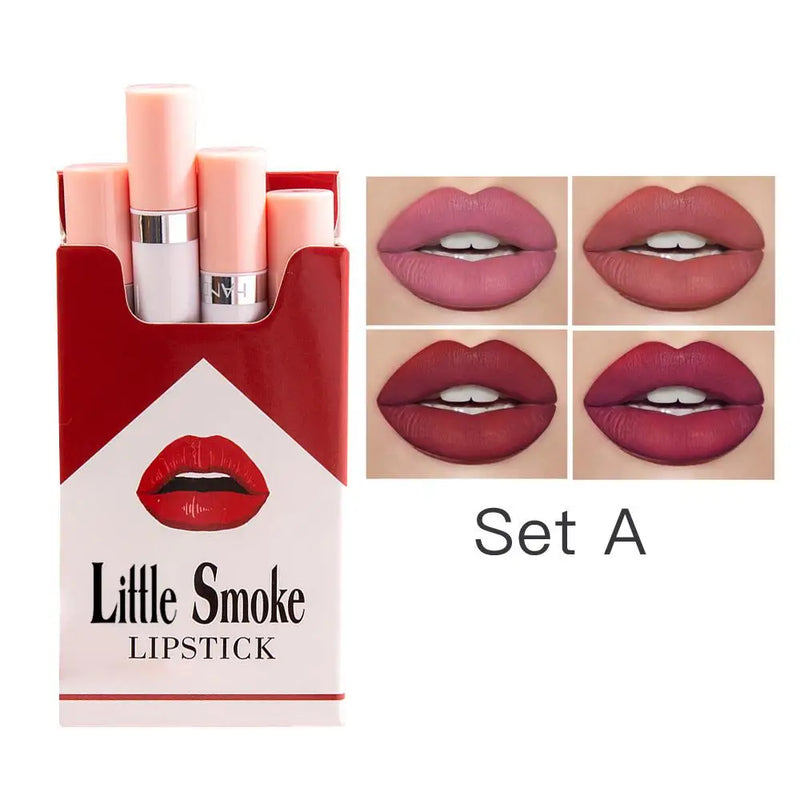 4 Matte Lipstick Kit Cigarette Smoke Tube Lip Gloss Long Lasting Waterproof Nude Red Lip 24 Hour Lip Tint Stain