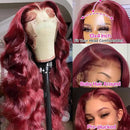 34 Inch Red Lace Front Wig Human Hair, Soft Hair Natural Hairline, 200 Density Pre Plucked 13x4 HD Lace Front Body Wave Wigs For