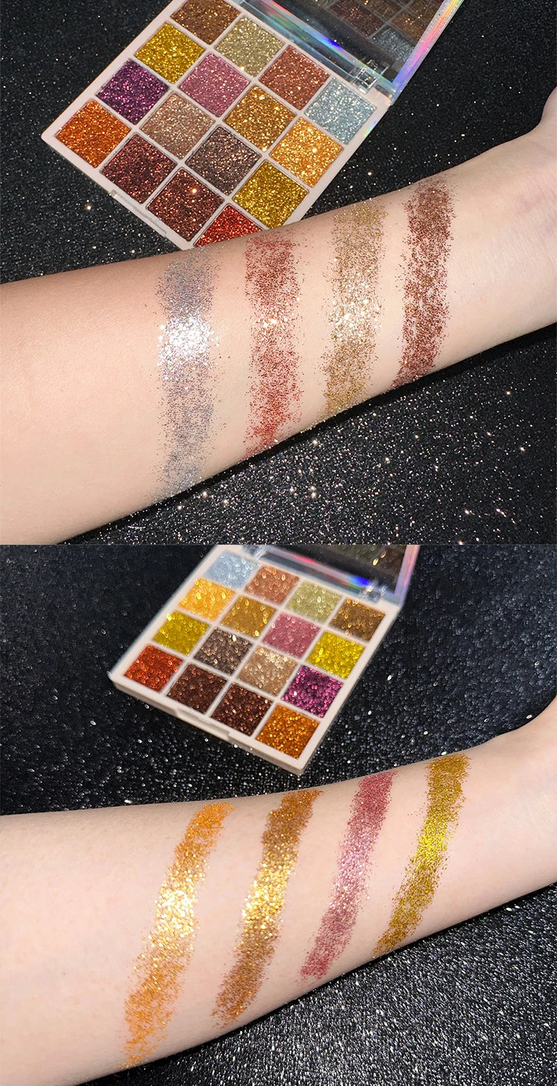 16 Colors Glitter Eyeshadow Palette Shimmer Multicolor Golden Color Sparkle Sequin Finish Body Face Makeup Stage Party Makeup
