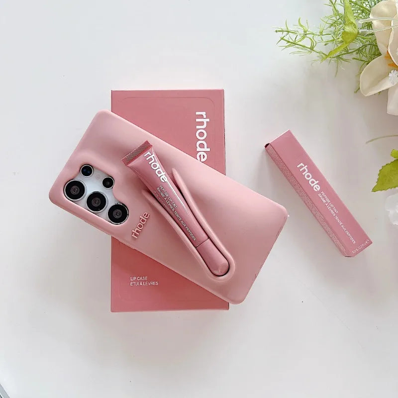 Rhode Lipstick Phone Case For Samsung Galaxy S25 Ultra S24 FE S23 Plus A14 A15 A54 Lip Glass Holder Silicone Shockproof Cover