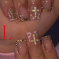 10PCS Diamond French Pointed Nail Short Square Nail Nude Fake Nail With Gold Glitter Diamond Nail Leopard Print Fake Nail