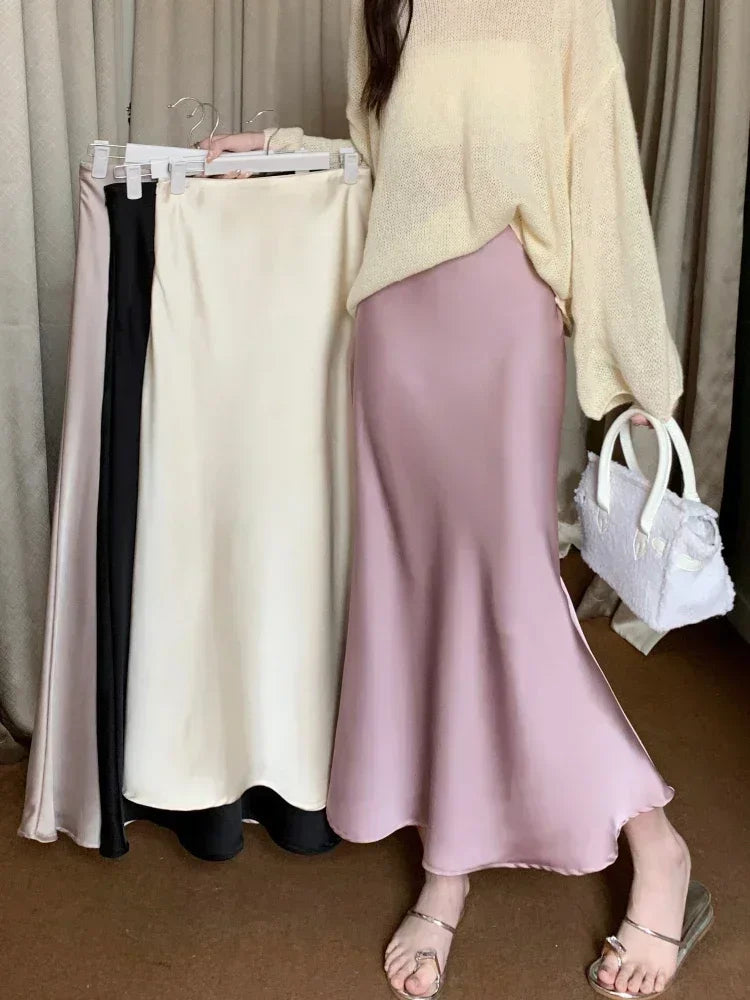 Women's Long Skirt Spring Summer Satin Silk A-line Skirt High Waist Ladies Korean Fashion Solid Pink Fishtail Skirts for Women