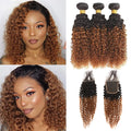 Ombre Highlight Kinky Curly Human Hair Bundles with Closure T1B/30 Color Kinky Curly Human Hair Bundles with 4x4 Lace Closure