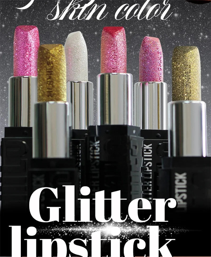 6 Color Glitter Lipstick Flash Lasting Easy Color Diamond Lipstick Waterproof Moisturizing Metallic Pearlescent Sexy Lips Makeup