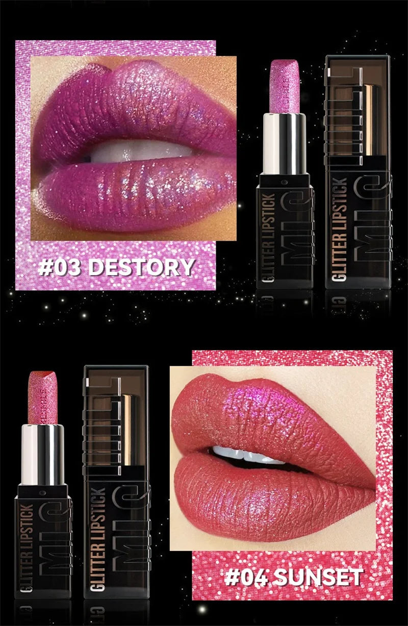 6 Color Glitter Lipstick Flash Lasting Easy Color Diamond Lipstick Waterproof Moisturizing Metallic Pearlescent Sexy Lips Makeup