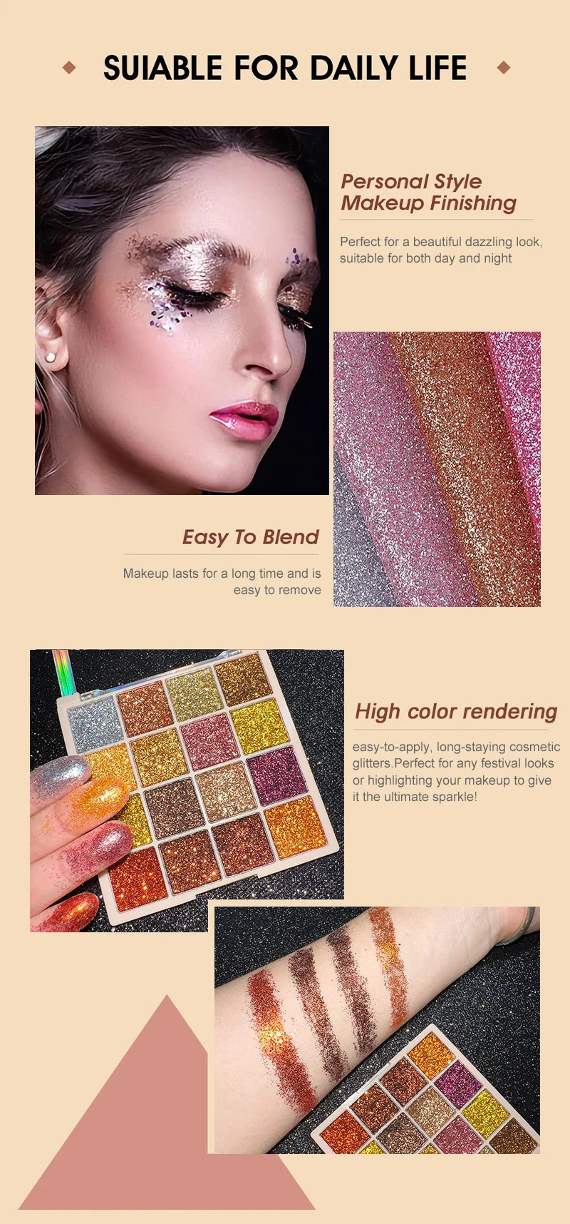 16 Colors Glitter Eyeshadow Palette Shimmer Multicolor Golden Color Sparkle Sequin Finish Body Face Makeup Stage Party Makeup