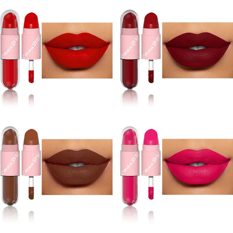 18 Colors 2 in 1 Matte Lipstick Liquid Purple Lip Glaze Double Head Lip Makeup Lasting Waterproof Velvet Sexy Dark Red Lipsticks