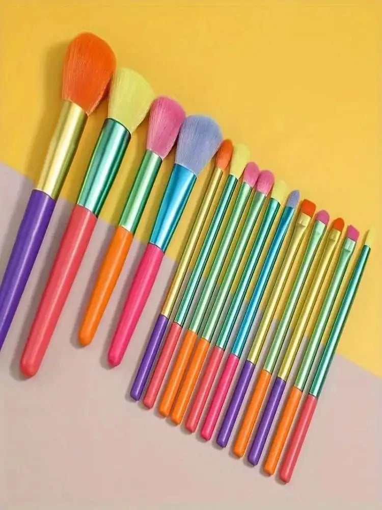 15 PCs Rainbow Color High Quality Makeup Brush Set - Perfect for Eyeshadow, Foundation, and Cosmetic Tools