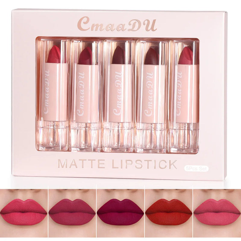 CmaaDu 5pcs Lipstick Set Lip Gloss Matte velvet Moisturizing, hydrating, comfortable, silky, easy to color, full of color