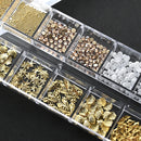 12Grids Ocean Gold Nail Art Charms Shell/Seahorse/Starfish White Half Round Pearl Gems 3D Mixed Punk Manicure Metal Rivets Studs
