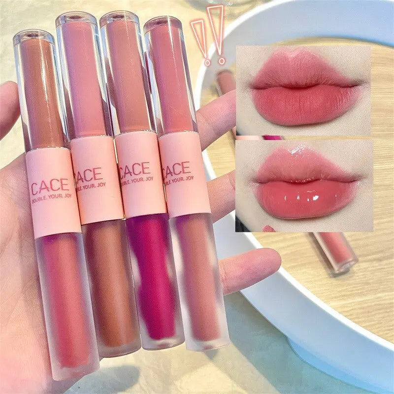 Double End Lip Glaze Full Gloss Mirror And Matte Velvet Long Term Color And Moisture Lip Gloss Anti Stain Cosmetic Lip Glaze