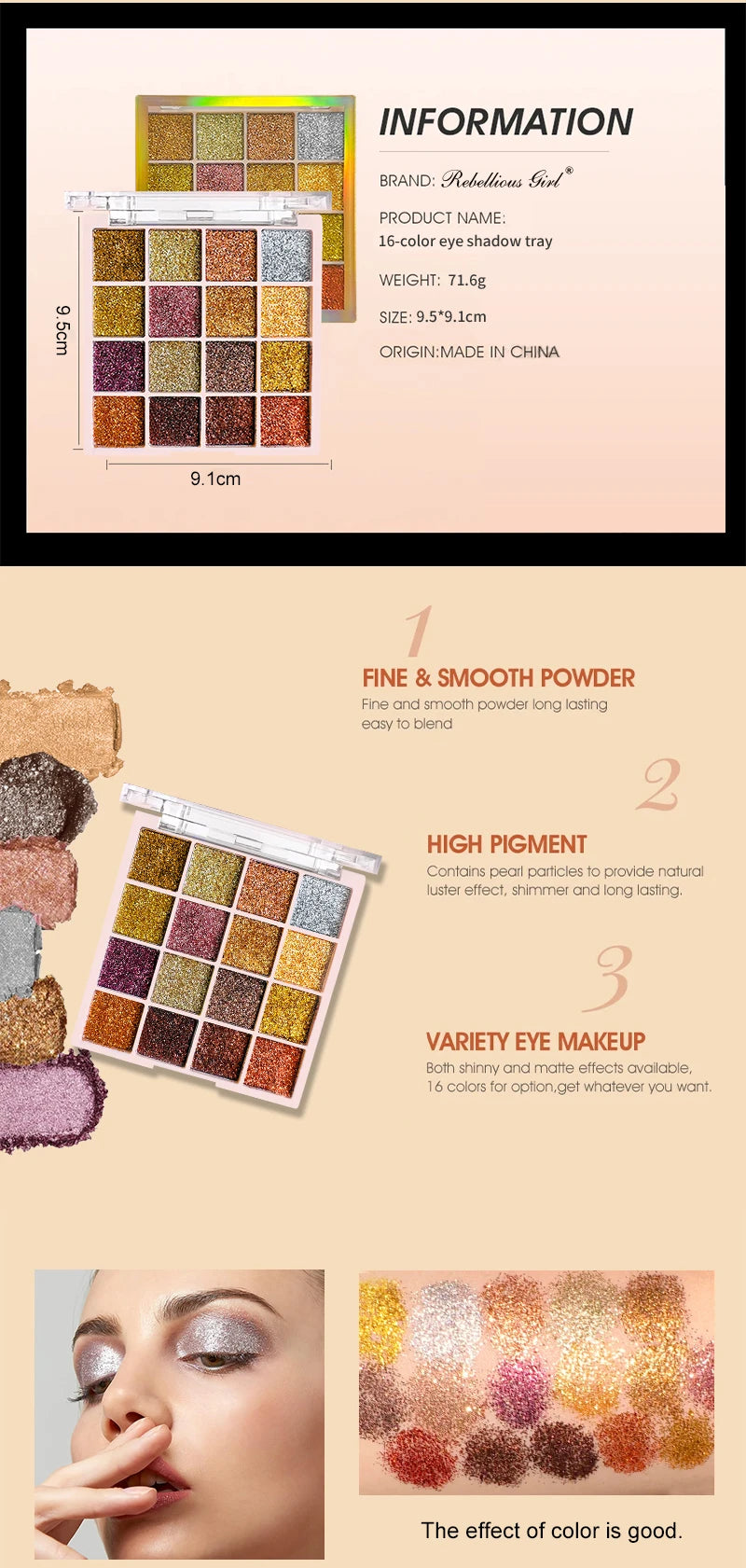 16 Colors Glitter Eyeshadow Palette Shimmer Multicolor Golden Color Sparkle Sequin Finish Body Face Makeup Stage Party Makeup