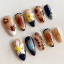 24pcs White Flower Fake Nail Tips Ins Yellow Pink Blush False Nails Wearable Full Cover European Almond Shaped Press on Nails