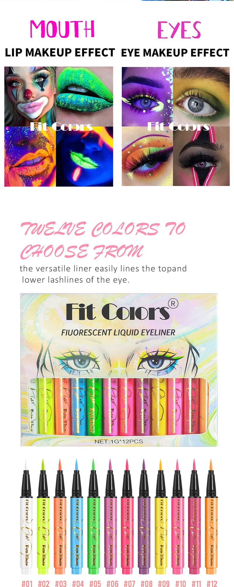 Fit Colors 12pcs/set colorful liquid UV waterproof Fluorescent Eyeliner Face Body Paint Pen long-lasting easy to remove