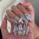 24Pcs Black Y2k Fake Nails with Diamond Halloween Long Almond False Nail Butterfly Design Wearable Oval Press on Nails Tips