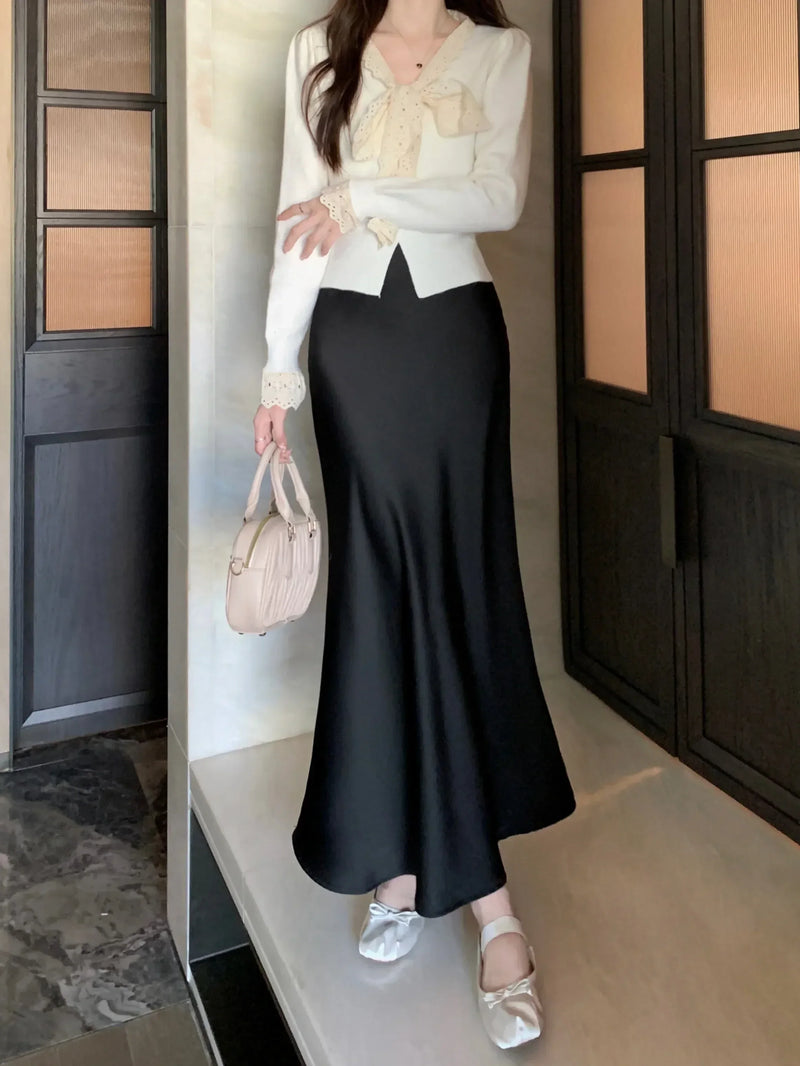 Women's Long Skirt Spring Summer Satin Silk A-line Skirt High Waist Ladies Korean Fashion Solid Pink Fishtail Skirts for Women