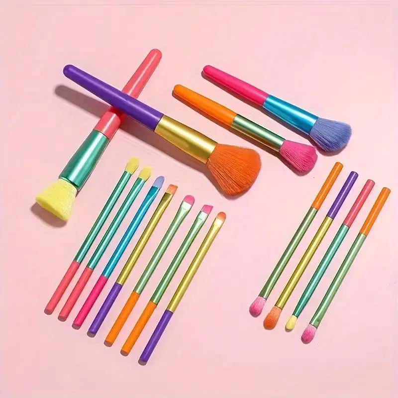 15 PCs Rainbow Color High Quality Makeup Brush Set - Perfect for Eyeshadow, Foundation, and Cosmetic Tools