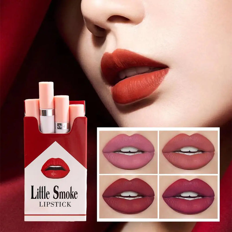 4 Matte Lipstick Kit Cigarette Smoke Tube Lip Gloss Long Lasting Waterproof Nude Red Lip 24 Hour Lip Tint Stain