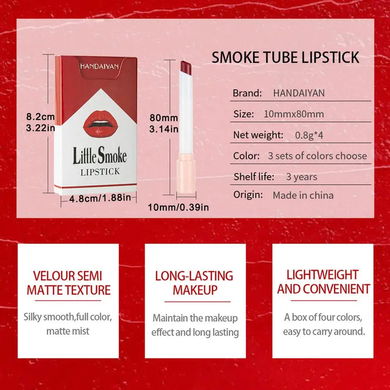 4 Matte Lipstick Kit Cigarette Smoke Tube Lip Gloss Long Lasting Waterproof Nude Red Lip 24 Hour Lip Tint Stain