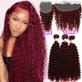 #99J Deep Wave Bundles With Closure Brazilian Raw Hair Colored 99J Burg Human Hair 3/4 Bundles With Closure And Frontal Raw Hair
